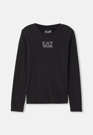 Czarny t-shirt z długim rękawem, wykonany z miękkiej bawełny, z srebrnym logo graficznym na piersi i klasycznym okrągłym dekoltem.