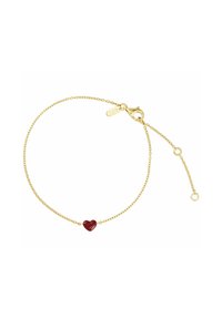 Gold chain bracelet featuring a central red heart charm, with a lobster clasp and adjustable length. Texture is smooth and polished.