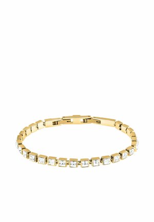 Bracciale in oro caratterizzato da link metallici quadrati e cristalli trasparenti rettangolari. Texture liscia con chiusura a scatto sicura.