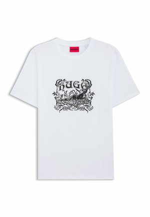 White cotton t-shirt featuring a black graphic design with "HUGO" text and ornate floral accents. Short sleeves and a round neckline.