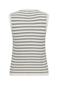 Bijeli pleteni prsluk bez rukava s horizontalnim crnim prugama, rebrastim rubovima i blago zaobljenim izrezom, prikazan s leđa.