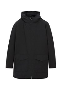 Schwarze wasserdichte Jacke mit Kapuze, Frontreißverschluss und zwei großen Klappentaschen. Glatte Textur, lockere Passform und minimalistisches Design.