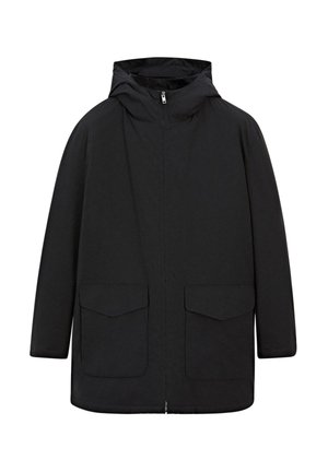 Black waterproof jacket with a hood, front zip closure, and two large flap pockets. Smooth texture, relaxed fit, and minimalistic design.