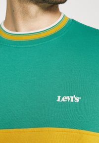 Homme portant un sweat-shirt Levi's vert et jaune à col rond, montrant partiellement le cou et la poitrine avec un logo brodé sur le tissu.