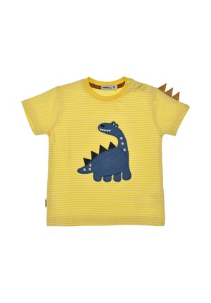 Maglietta a righe gialle e bianche per bambino piccolo con applicazione di dinosauro blu e punte in feltro marrone sulla spalla destra.