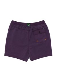 Purple swim shorts made of lightweight fabric, featuring an elastic waistband, back pocket with button closure, and orange accent stitching.
