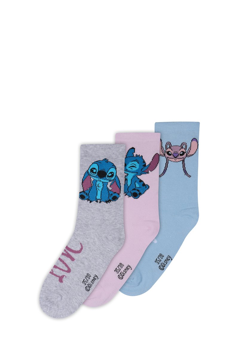 Trois paires de chaussettes en coton de couleur grise, rose et bleu clair, arborant des designs de personnages de dessins animés avec des accents brodés.