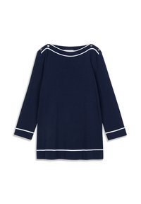 Haut bleu marine à manches longues avec un décolleté rond, présentant des accents blancs le long du col et des manches, ainsi que des détails à boutons aux épaules.