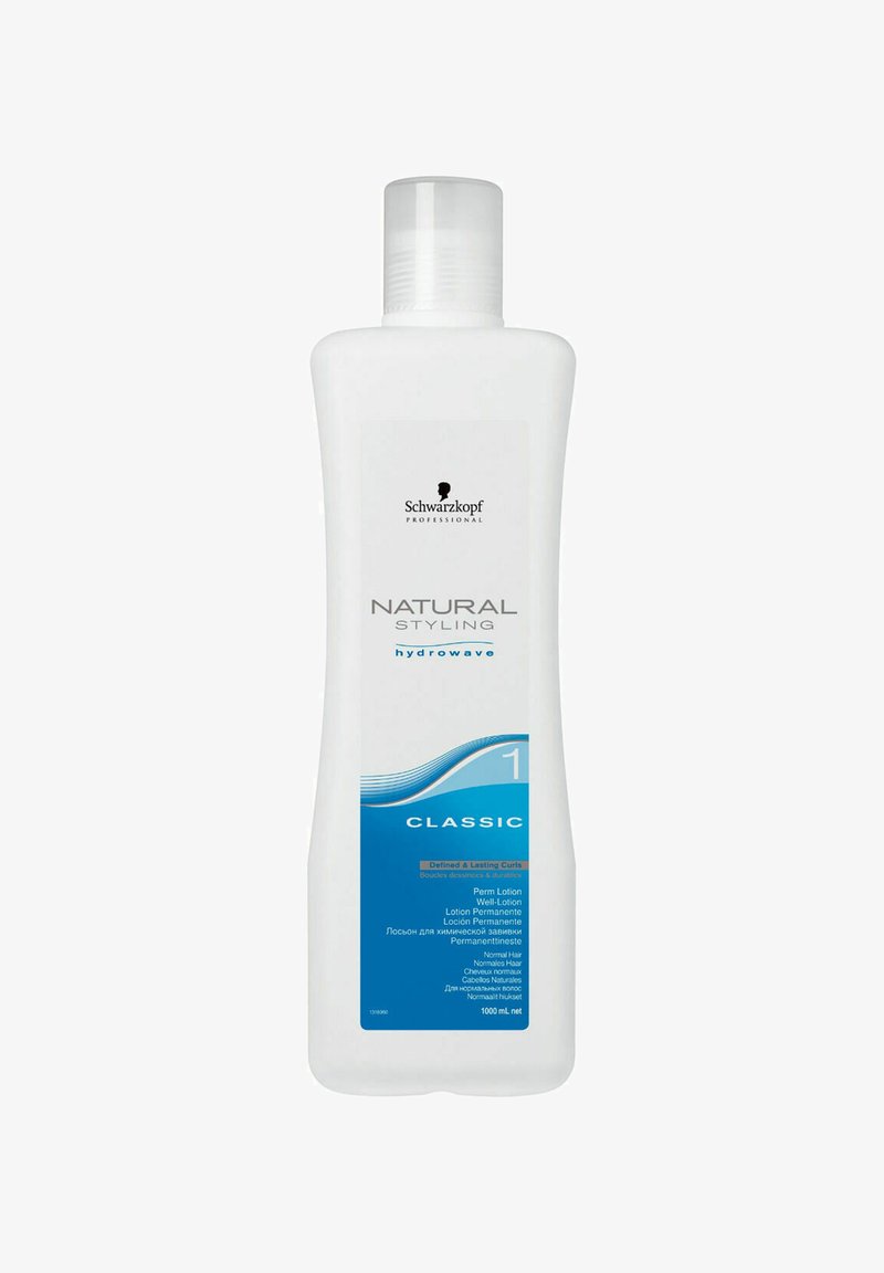 Weiße Kunststoffflasche, 1000 ml. Blaue Akzente und Text auf dem Etikett. Enthält den Produktnamen "Natural Styling Hydrowave" und Anwendungshinweise.