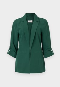 Zelený blazer s přizpůsobeným střihem, s klopami, dvěma předními kapsami a ohrnutými rukávy s knoflíkovými detaily. Hladká textilie.