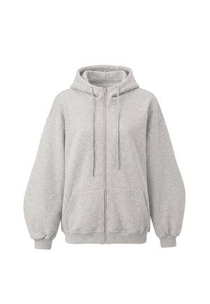 Jasnoszara bluza z kapturem na zamek błyskawiczny, z troczkami, przednimi kieszeniami, ściągaczami na mankietach i luźnym krojem.