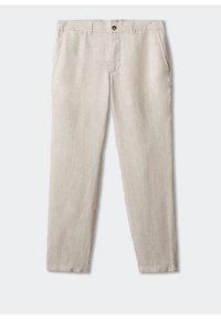 Pantaloni in lino beige chiaro con taglio dritto, tasche frontali, chiusura con un solo bottone e dettagli di texture minima.