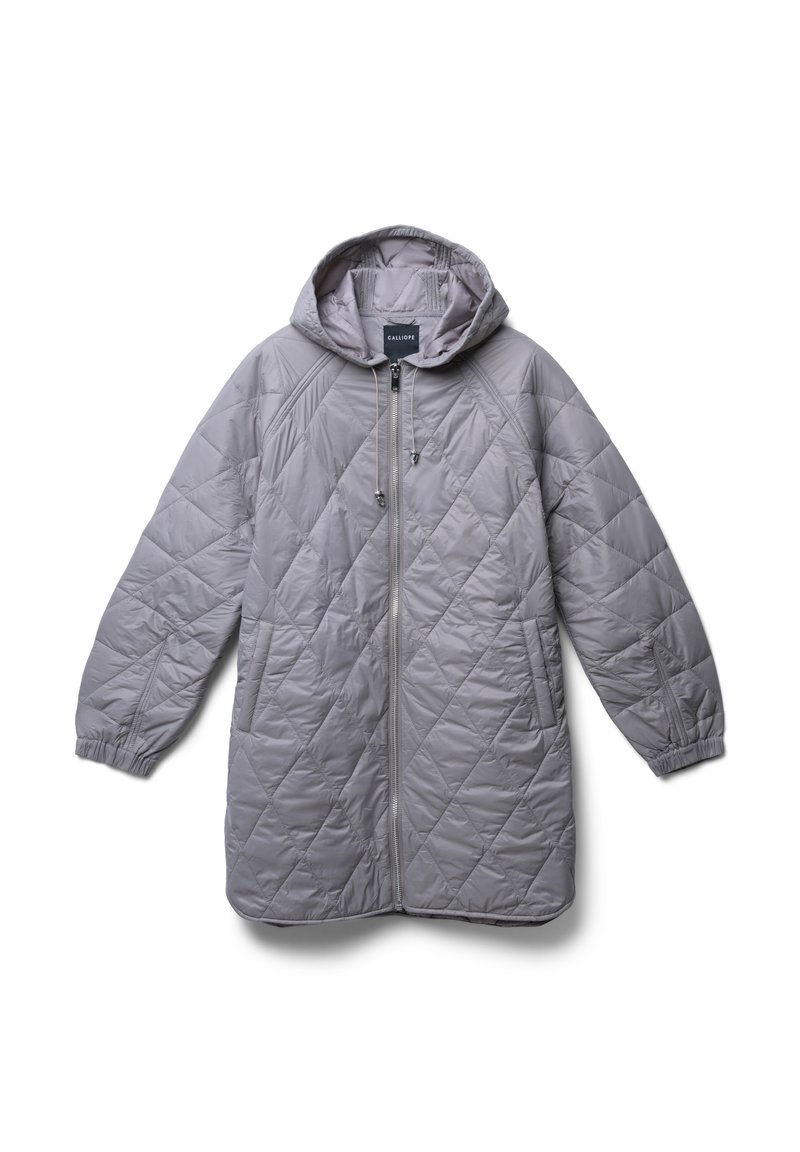 Gepolsterte graue Kapuzenjacke mit einem Frontreißverschluss, elastischen Bündchen und Seitenetaschen. Hergestellt aus leichtem Stoff mit glatter Textur.