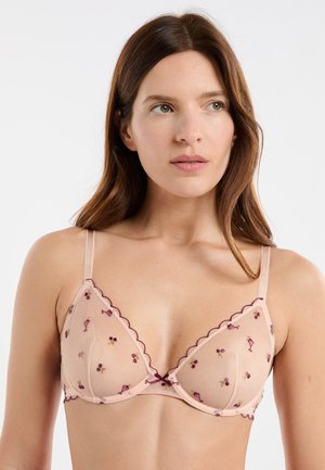 Dreieckiger BH aus weichem, hautfarbenem Mesh mit floraler Stickerei in Lila und Gelb. Gezackte Kanten und dünne, verstellbare Träger.