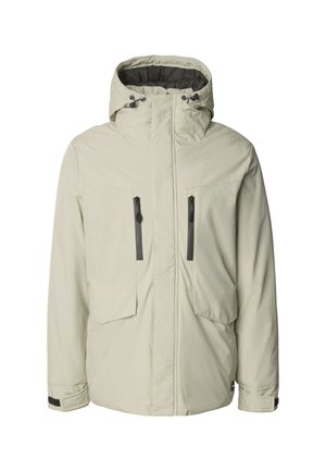 Giacca isolante beige chiaro con cappuccio, due tasche frontali con zip e polsini regolabili. Realizzata in materiale liscio e resistente alle intemperie.