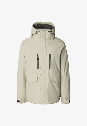 Giacca isolante beige chiaro con cappuccio, due tasche frontali con zip e polsini regolabili. Realizzata in materiale liscio e resistente alle intemperie.