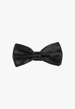 Zwarte satijnen vlinderdas met een gladde textuur en een dubbelgehaakt ontwerp. Het midden is omwikkeld met een bijpassende satijnen band, met nette randen.