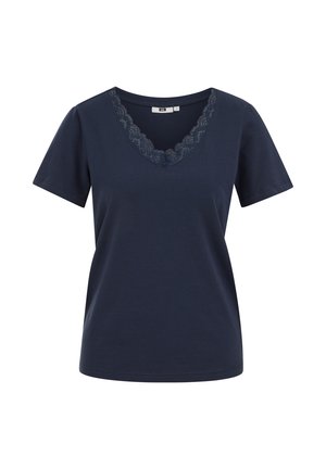 Top pentru femei, albastru închis, cu mâneci scurte, decolteu în V cu dantelă cu margini ondulate, realizat dintr-un material neted, mărimea mică.
