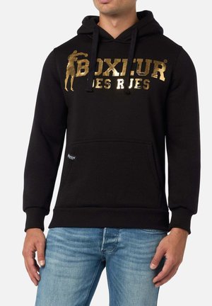 Hoodie nero in misto cotone, con logo stampato dorato e figura di pugile sul davanti, tasca a marsupio e cappuccio con coulisse.