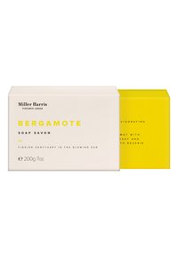 Bergamot-Seifenstück in einer weißen Box mit gelben Akzenten. Der Text enthält den Markennamen und die Produktbeschreibung. Gewicht 200g.