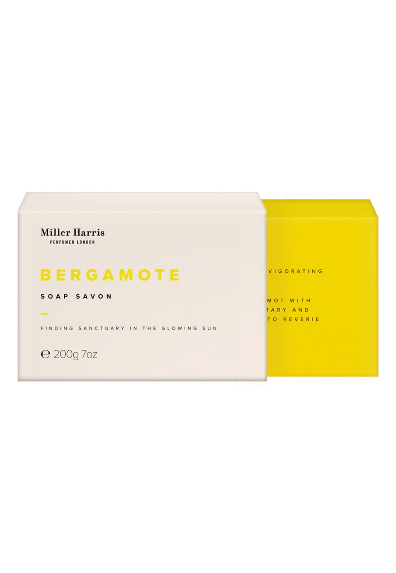 Bergamot-Seifenstück in einer weißen Box mit gelben Akzenten. Der Text enthält den Markennamen und die Produktbeschreibung. Gewicht 200g.