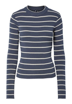 Námořnický žebrovaný svetr s dlouhými rukávy a bílými vodorovnými pruhy, kulatým výstřihem a přiléhavým střihem. Měkká textura a pružný materiál.