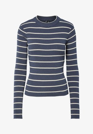 Námořnický žebrovaný svetr s dlouhými rukávy a bílými vodorovnými pruhy, kulatým výstřihem a přiléhavým střihem. Měkká textura a pružný materiál.