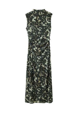 Vestido largo sin mangas con cuello alto, con un estampado abstracto de manchas negras y grises en tela ligera.