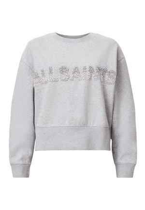 Felpa grigia corta con maniche lunghe. Presenta il testo "ALLSAINTS" in strass argentati sul davanti. Materiale morbido con una finitura testurizzata.