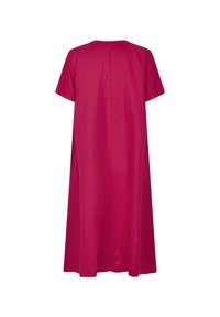 Fuchsia linnen jurk met een relaxed fitting, korte mouwen en een knielange zoom. Heeft een eenvoudige achterkantnaad en een lichte textuur.