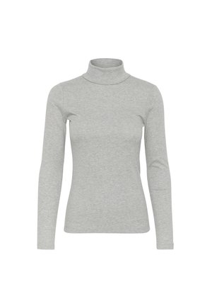 Grå polotröja i ribbad tyg, med långa ärmar och en figursydd design, med hög halsringning och minimala detaljer.