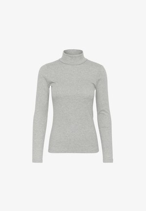 Sivi pulover s visokom ovratnikom izrađen od rebraste tkanine, s dugim rukavima i prilagođenim dizajnom, s minimalnim detaljima.