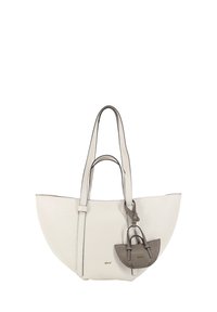 White leather tote bag with a smooth texture, featuring two long handles and a small, matching bag attached by a strap.