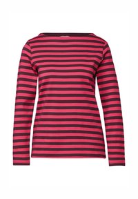 Langarm-T-Shirt aus Baumwolle, mit horizontalen Streifen in Pink und Dunkelbraun, einem Bootsausschnitt und taillierter Form.