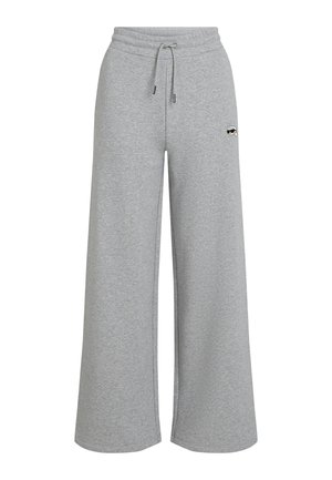 Pantaloni felpati grigi a gamba larga con vita regolabile e un piccolo logo sul lato. Realizzati in un morbido tessuto testurizzato.