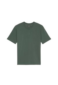 Dunkelgrünes Baumwoll-T-Shirt mit rundem Halsausschnitt und kurzen Ärmeln. Mit einem dezenten hellblauen Logo "M OP" auf der Brust. Glatte Textur.