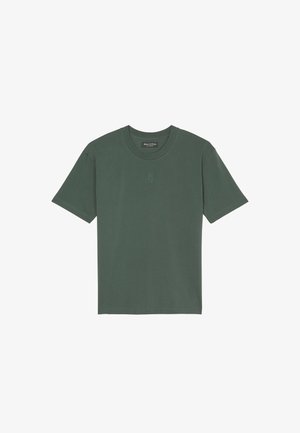 Dark green cotton t-shirt with a round neckline and short sleeves. Features a subtle light blue logo "M OP" on the chest. Smooth texture.