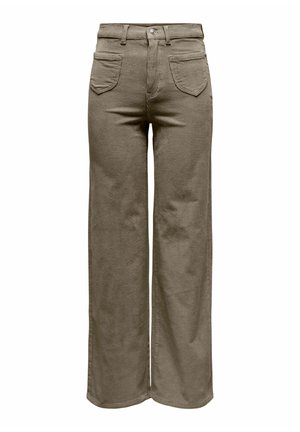 Pantaloni in corduroy a gamba larga di colore verde oliva, con vita alta, cinque tasche e chiusura a bottone in tessuto testurizzato.