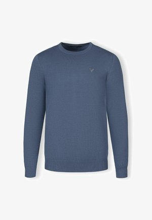 Blauer Strickpullover mit Rundhalsausschnitt, langen Ärmeln, gerippten Bündchen und Saum, mit einem dezenten gestickten Logo auf der Brust.