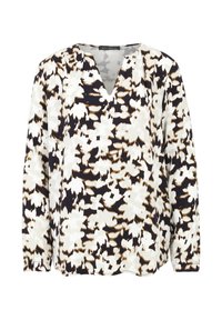 Langärmlige Bluse mit V-Ausschnitt, oversized Schnitt und einem abstrakten Muster in den Farben Weiß, Braun und Marineblau. Weicher Stoff.