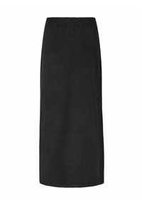 Jupe midi droite noire avec taille élastique, réalisée en tissu maille doux, présentée sur fond blanc.