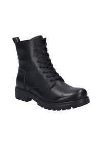 Botas de tobillo de cuero negro con un acabado texturizado, cierre de cordones en la parte delantera y una suela resistente. Cuenta con una lengüeta en el eje.