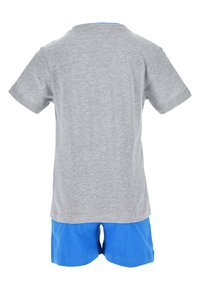 Gray cotton short-sleeve t-shirt with blue neckline, paired with blue cotton shorts. Simple design with no patterns or hardware.