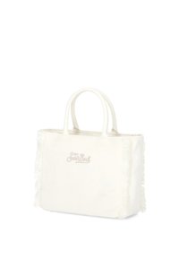 Borsa tote in tela bianca con dettagli di frange, presenta un logo ricamato rosa chiaro, forma strutturata e due maniglie per impugnatura.