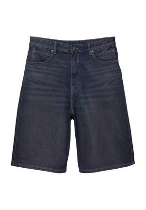 Shorts in denim scuro con taglio dritto, dotati di cinque tasche, chiusura a zip e dettagli con cuciture chiare. Texture liscia con minimo sbiadimento.