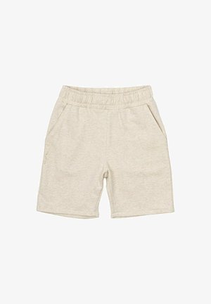 Bermudas de algodón de color beige claro con una cintura elástica, dos bolsillos laterales y una textura suave y lisa. Diseño de pierna recta, hasta la rodilla.