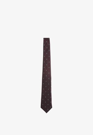 Dark burgundy necktie with a repeating small diamond pattern in light blue and white, displayed vertically against a white background.