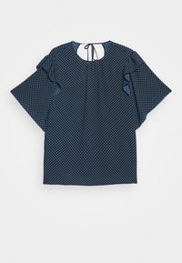 Marineblå blus med prickar, korta volangärmar, nyckelhålsstängning och avslappnad passform, tillverkad av lätt tyg.