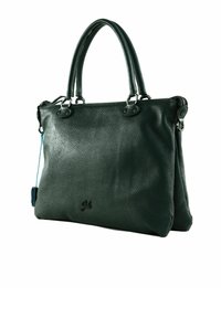 Sac à main en cuir vert foncé avec une surface texturée, des poignées doubles et des accessoires en métal argenté. Il présente un logo à l'avant et un pompon sur le côté.
