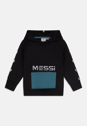 Zwarte hoodie met een teal voorkantzak. Elastische manchetten en onderrand, met witte "MESSI" logo en zijaccenten. Zachte stof, casual ontwerp.